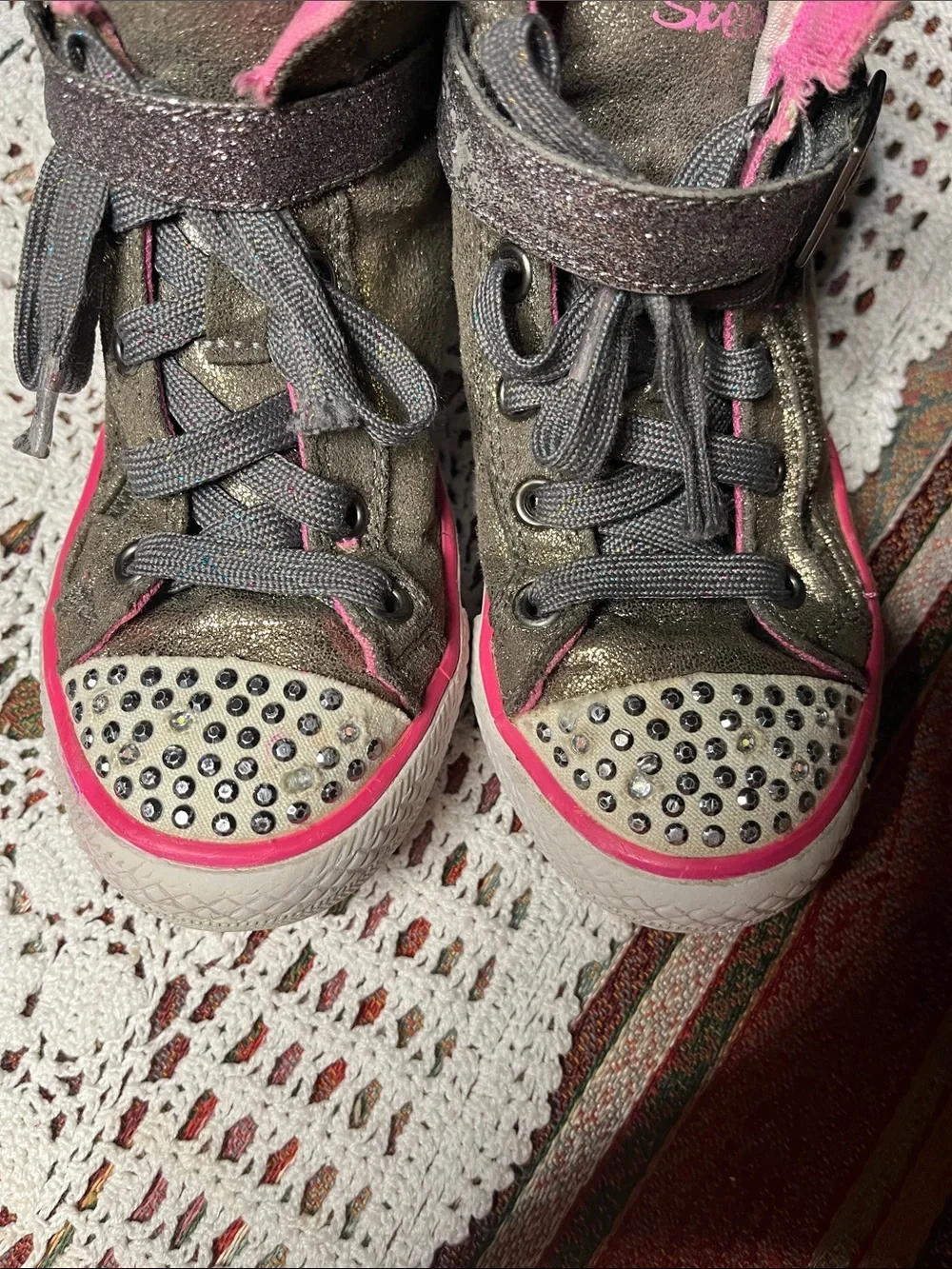 Sketchers hi top gold glitter jewel tiptoe rainbow zip velcro